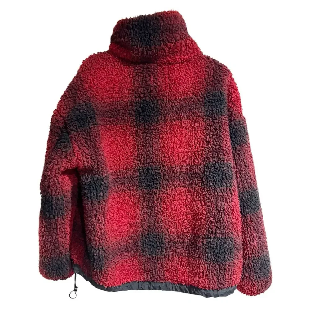 Abercrombie Fitch Women Large Buffalo Plaid Cocoon Sherpa Half Zip Sweater Jacks - Picture 2 of 6